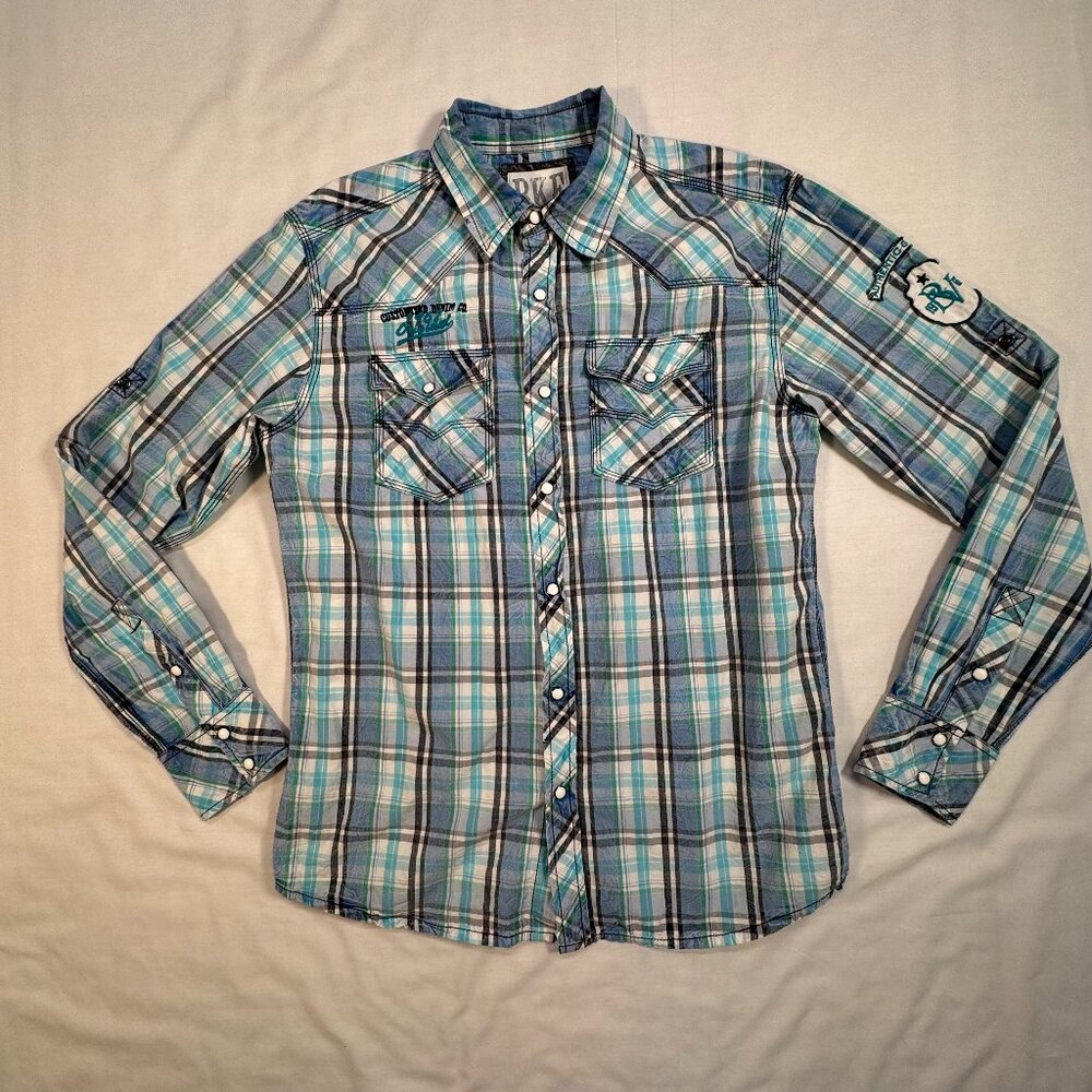 BKE Shirt Mens Medium Pearl Snap Western Plaid Button Up Cowboy Rodeo Athletic